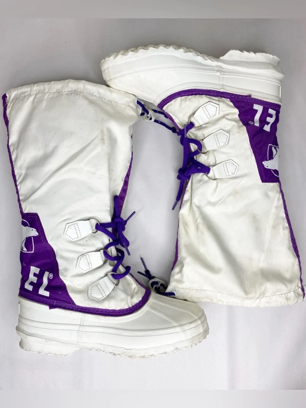 Vintage 90’s Sorel White Purple Nylon Winter Snow Boots Sz 8-8.5 Made in Canada